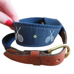 J. PRESS Tan Leather Tennis Woven Preppy Navy Belt - Men's Size 32
